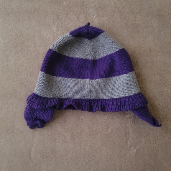 Ralph Lauren Girl Purple/Grey Striped Beanie with Ear Flaps Size 2T-4T - Picture 2 of 3
